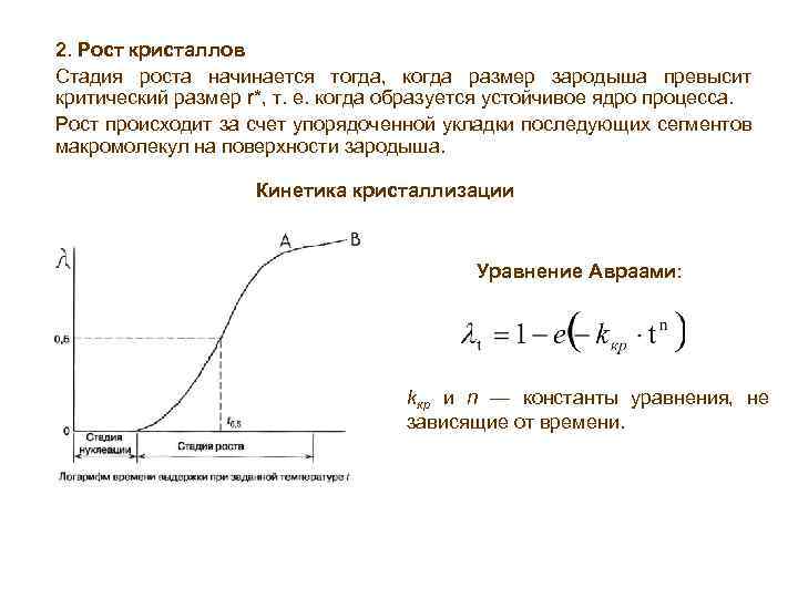 2. Рост кристаллов Стадия роста начинается тогда, когда размер зародыша превысит критический размер r*,