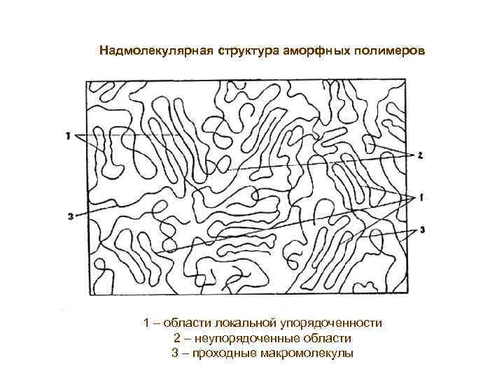 Надмолекулярная структура аморфных полимеров 1 – области локальной упорядоченности 2 – неупорядоченные области 3