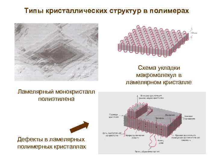 Типы кристаллических структур в полимерах Схема укладки макромолекул в ламелярном кристалле Ламелярный монокристалл полиэтилена