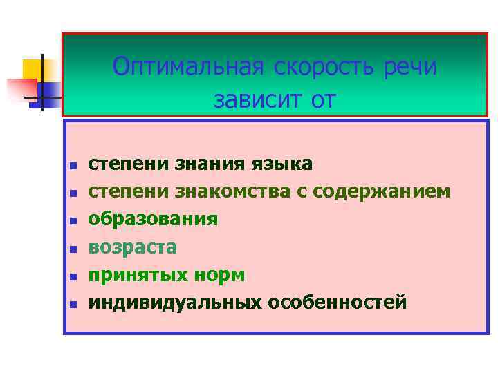 Оптимальная скорость речи зависит от n n n степени знания языка степени знакомства с