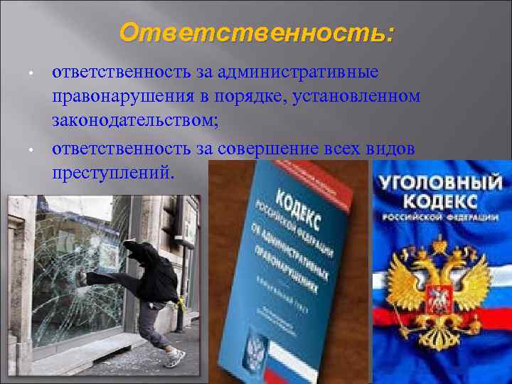 Ответственность: • • ответственность за административные правонарушения в порядке, установленном законодательством; ответственность за совершение