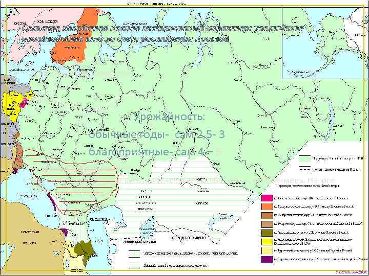 Сельское хозяйство носило экстенсивный характер: увеличение производства шло за счет расширения посевов подсечное земледелие
