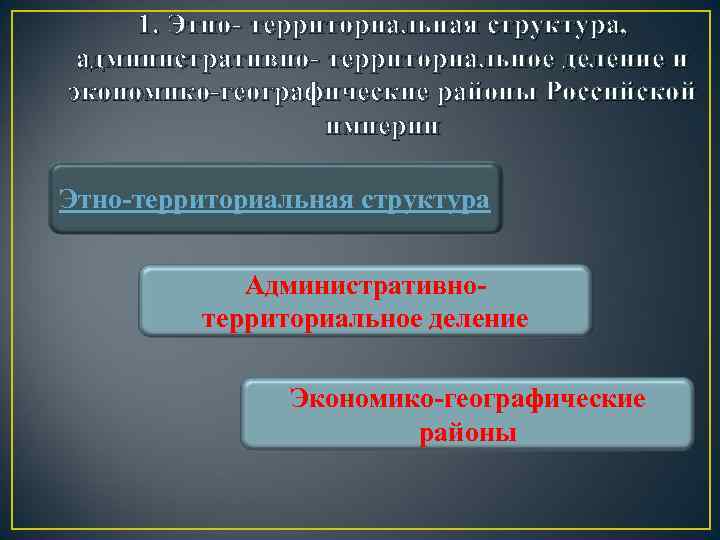 1. Этно- территориальная структура, административно- территориальное деление и экономико-географические районы Российской империи Этно-территориальная структура