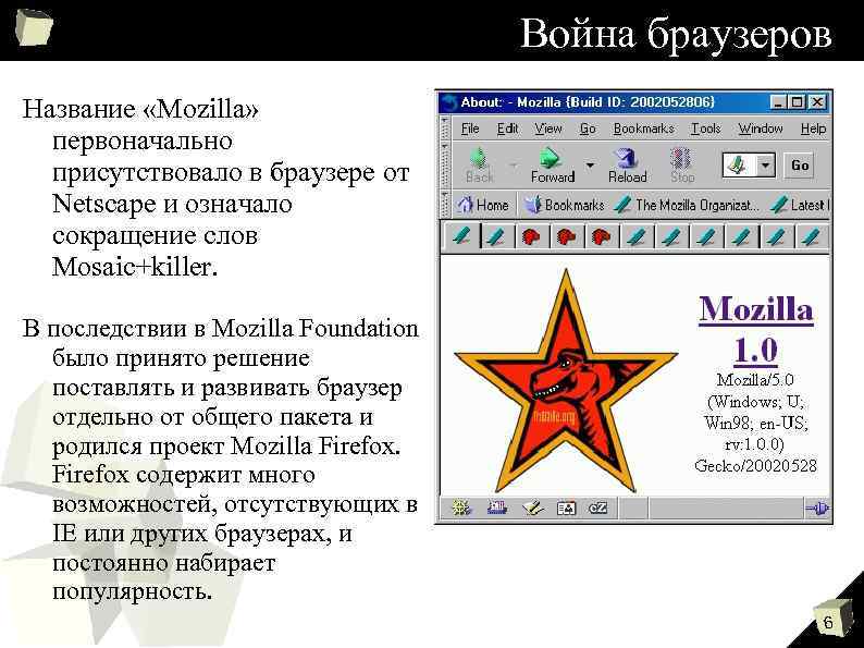 Война браузеров Название «Mozilla» первоначально присутствовало в браузере от Netscape и означало сокращение слов