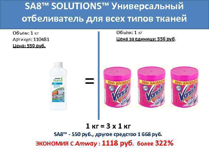 SA 8™ SOLUTIONS™ Универсальный отбеливатель для всех типов тканей Объем: 1 кг Цена за