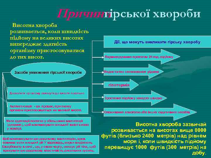 Причини гірської хвороби Висотна хвороба розвивається, коли швидкість підйому на великих висотах випереджає здатність