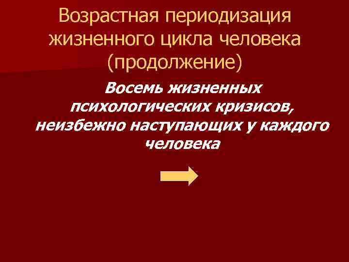 Возрастная периодизация жизненного цикла человека (продолжение) Восемь жизненных психологических кризисов, неизбежно наступающих у каждого