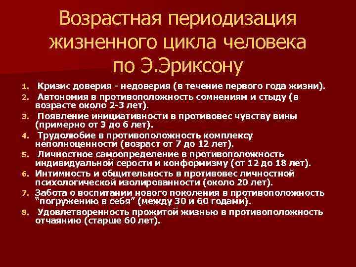 Возрастная периодизация жизненного цикла человека по Э. Эриксону 1. 2. 3. 4. 5. 6.
