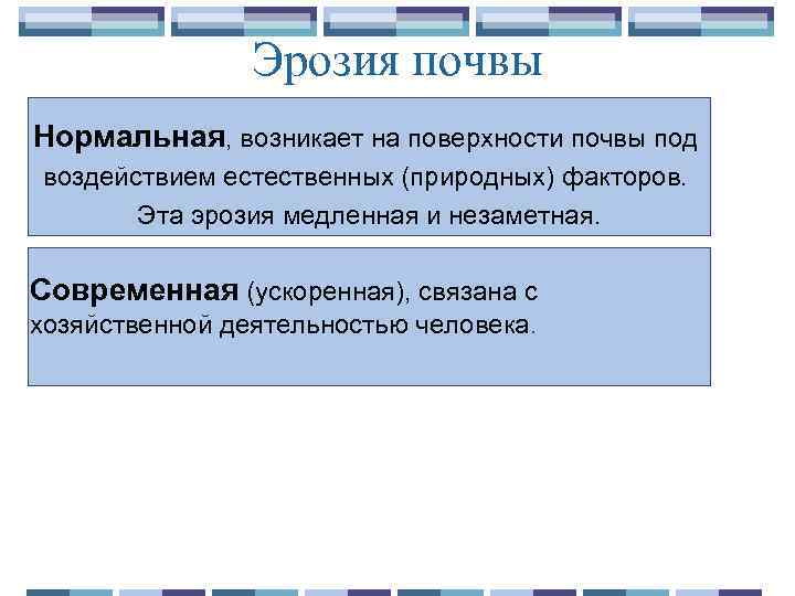 Эрозия почвы Нормальная, возникает на поверхности почвы под воздействием естественных (природных) факторов. . Эта