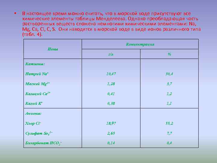  • В настоящее время можно считать, что в морской воде присутствуют все химические