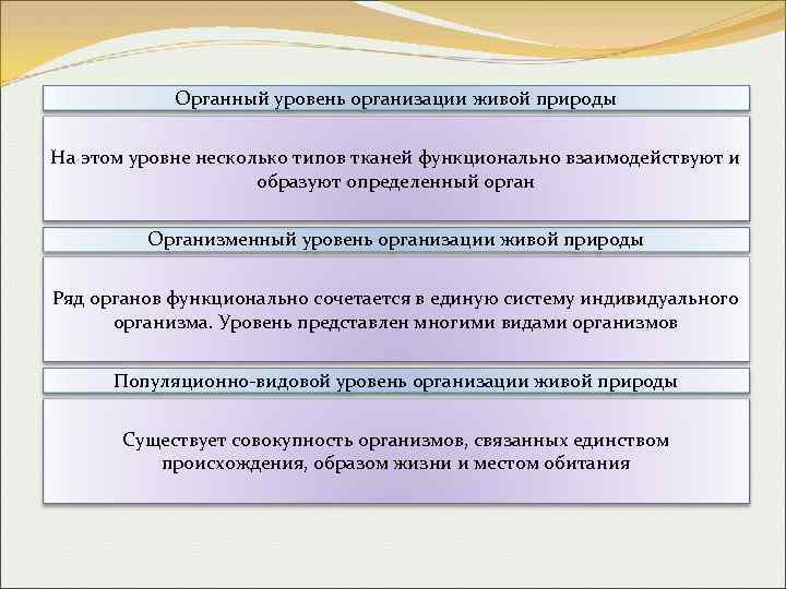 Органный уровень организации живой природы На этом уровне несколько типов тканей функционально взаимодействуют и