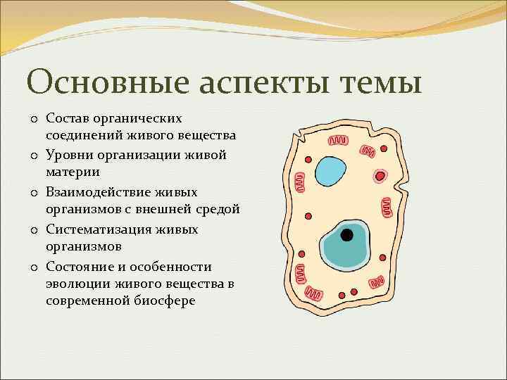 Основные аспекты темы o Состав органических соединений живого вещества o Уровни организации живой материи