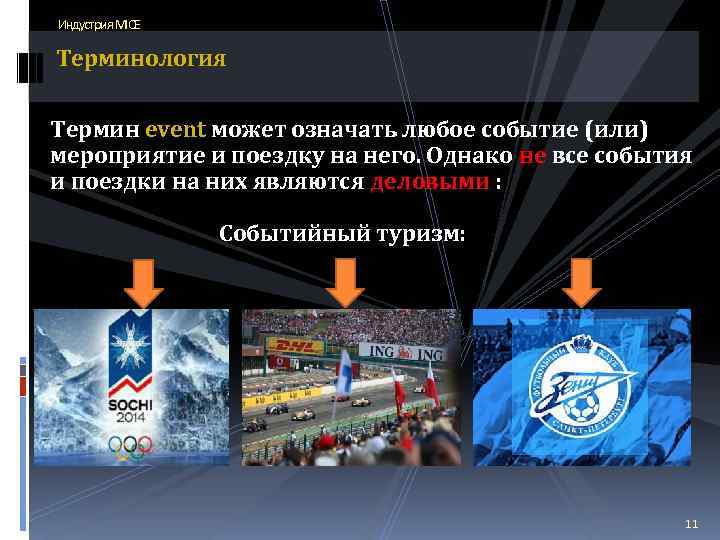 Индустрия MICE Терминология Термин event может означать любое событие (или) мероприятие и поездку на