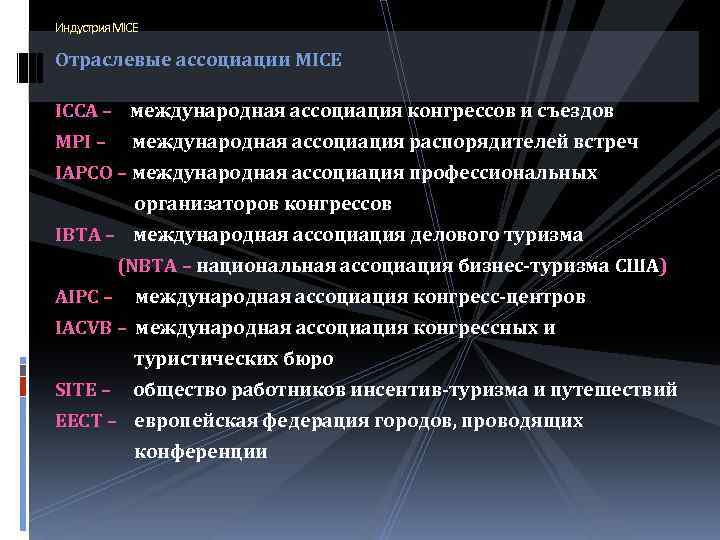 Индустрия MICE Отраслевые ассоциации MICE ICCA – международная ассоциация конгрессов и съездов MPI –