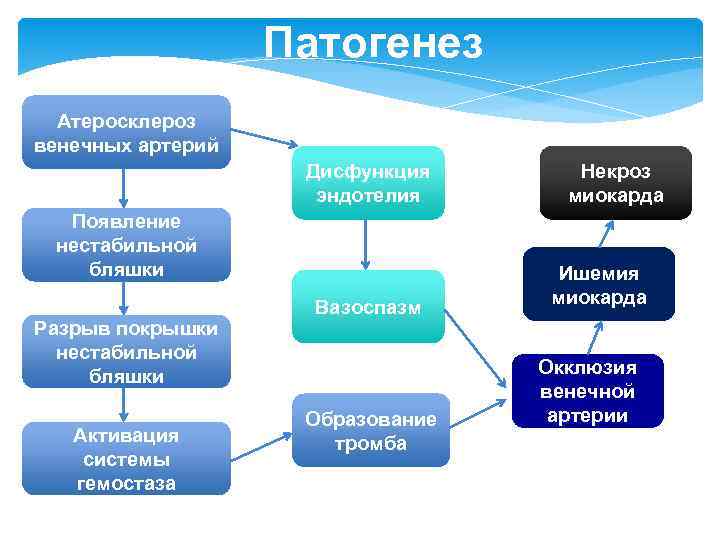 Патогенез Атеросклероз венечных артерий Дисфункция эндотелия Появление нестабильной бляшки Разрыв покрышки нестабильной бляшки Активация