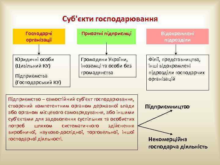 Суб'єкти господарювання Господарчі організації Юридичні особи (Цивільний КУ) Підприємства (Господарський КУ) Приватні підприємці Відокремлені