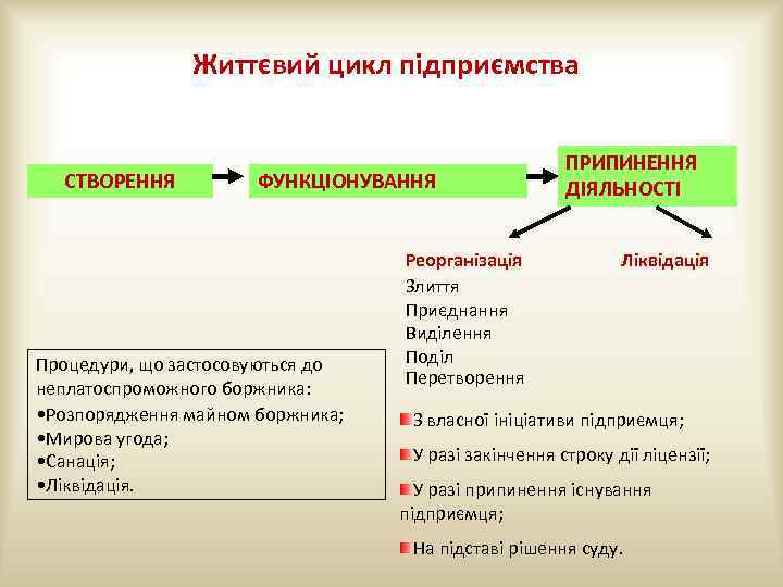 Життєвий цикл підприємства СТВОРЕННЯ ФУНКЦІОНУВАННЯ Процедури, що застосовуються до неплатоспроможного боржника: • Розпорядження майном