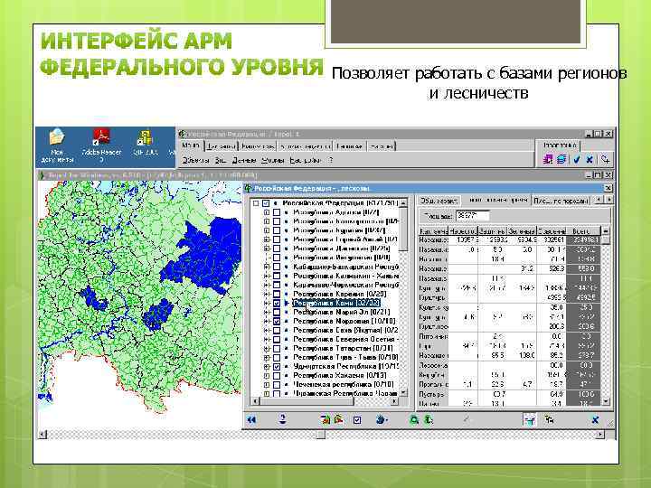 Позволяет работать с базами регионов и лесничеств 