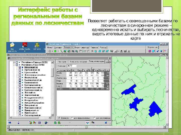 Позволяет работать с совмещенными базами по лесничествам в синхронном режиме – одновременно искать и