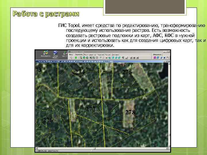 Работа с растрами ГИС Topo. L имеет средства по редактированию, трансформированию и последующему использование