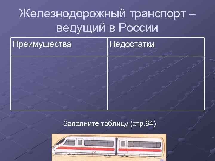 Железнодорожный транспорт – ведущий в России Преимущества Недостатки Заполните таблицу (стр. 64) 