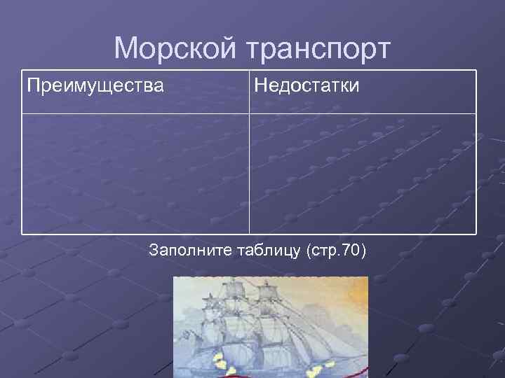 Морской транспорт Преимущества Недостатки Заполните таблицу (стр. 70) 