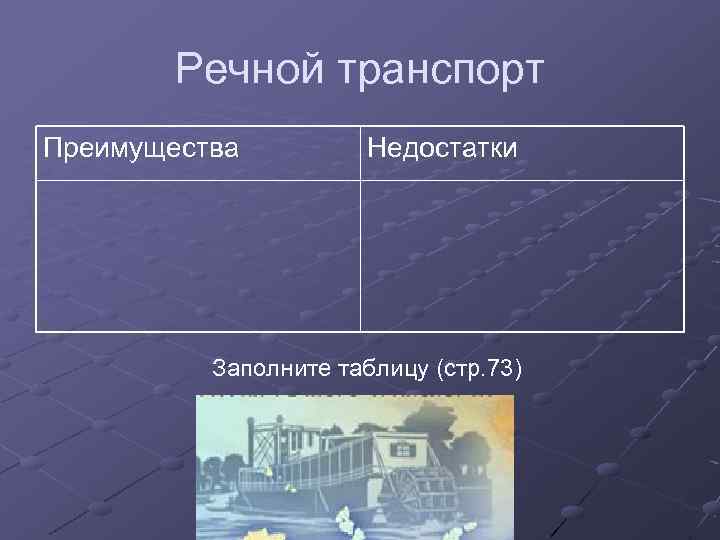 Речной транспорт Преимущества Недостатки Заполните таблицу (стр. 73) 