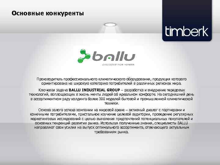 Основные конкуренты Производитель профессионального климатического оборудования, продукция которого ориентирована на широкую категорию потребителей в