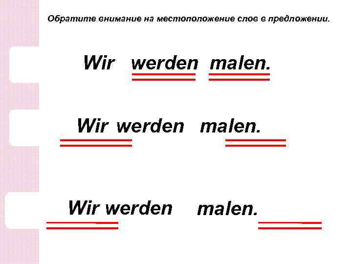 Обратите внимание на местоположение слов в предложении. Wir werden malen. jetzt Wir werden nicht