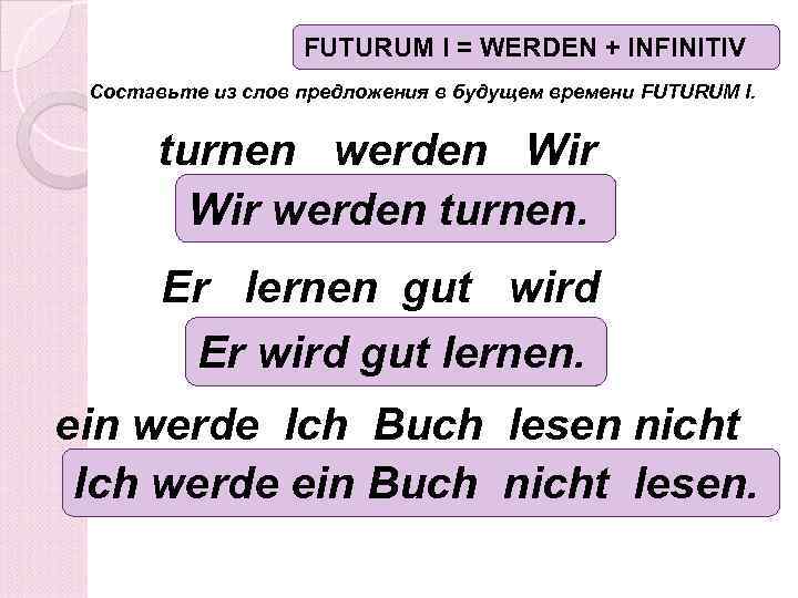 FUTURUM I = WERDEN + INFINITIV Составьте из слов предложения в будущем времени FUTURUM