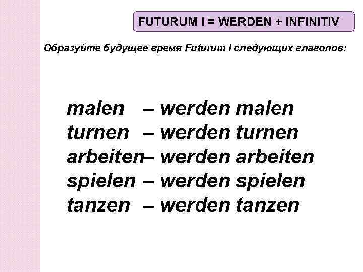 FUTURUM I = WERDEN + INFINITIV Образуйте будущее время Futurum I следующих глаголов: malen