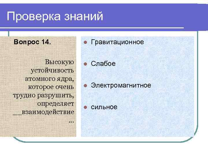 Проверка знаний Вопрос 14. Высокую устойчивость атомного ядра, которое очень трудно разрушить, определяет __взаимодействие