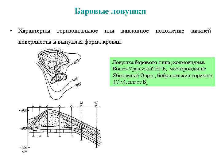 Баровые ловушки • Характерны горизонтальное или наклонное положение нижней поверхности и выпуклая форма кровли.