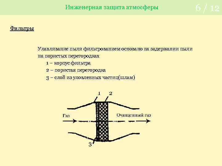 Инженерная защита атмосферы Фильтры Улавливание пыли фильтрованием основано на задержании пыли на пористых перегородках