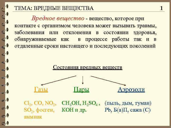 ТЕМА: ВРЕДНЫЕ ВЕЩЕСТВА 1 Вредное вещество - вещество, которое при контакте с организмом человека