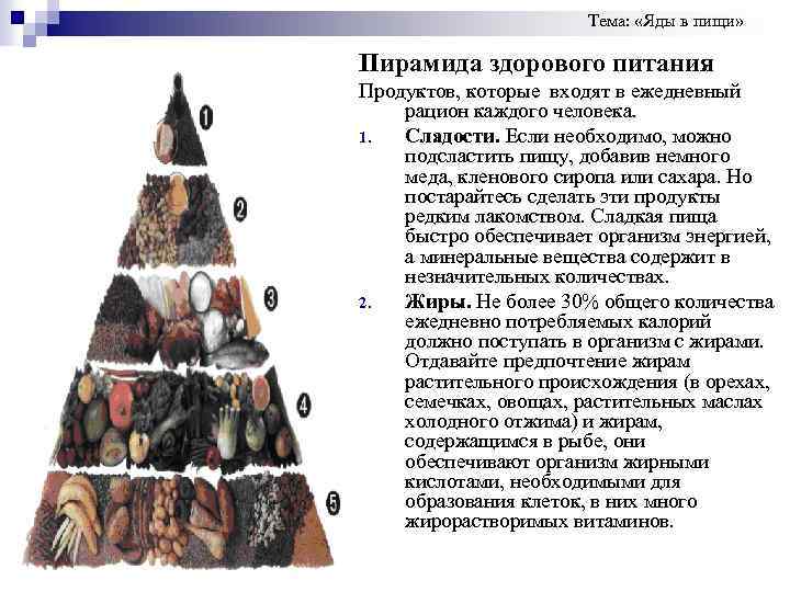 Тема: «Яды в пищи» Пирамида здорового питания Продуктов, которые входят в ежедневный рацион каждого