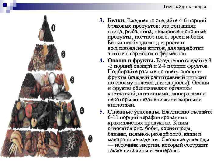 Тема: «Яды в пищи» 3. Белки. Ежедневно съедайте 4 -6 порций белковых продуктов: это