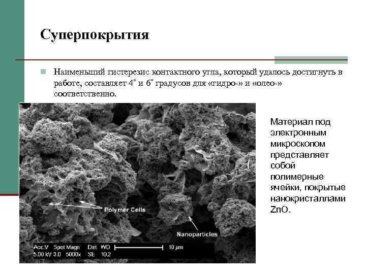 Суперпокрытия n Наименьший гистерезис контактного угла, который удалось достигнуть в работе, составляет 4˚ и