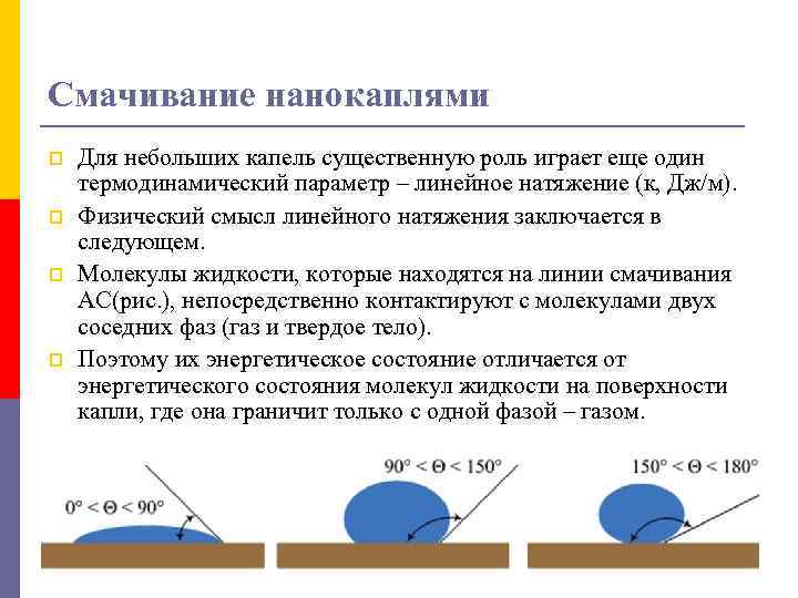 Смачивание нанокаплями p p Для небольших капель существенную роль играет еще один термодинамический параметр