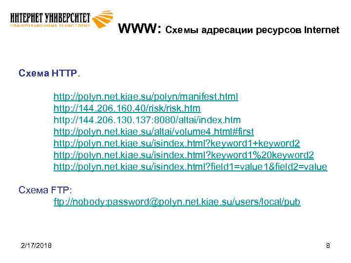 WWW: Схемы адресации ресурсов Internet Схема HTTP. http: //polyn. net. kiae. su/polyn/manifest. html http: