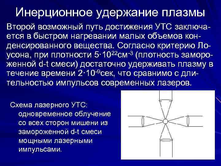 Инерционное удержание плазмы Второй возможный путь достижения УТС заключается в быстром нагревании малых объемов