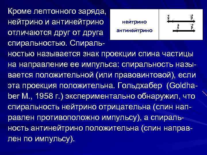 Кроме лептонного заряда, нейтрино и антинейтрино отличаются друг от друга спиральностью. Спираль ностью называется