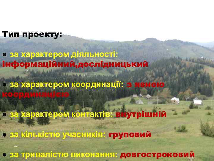 Тип проекту: ● за характером діяльності: інформаційний, дослідницький ● за характером координації: з явною