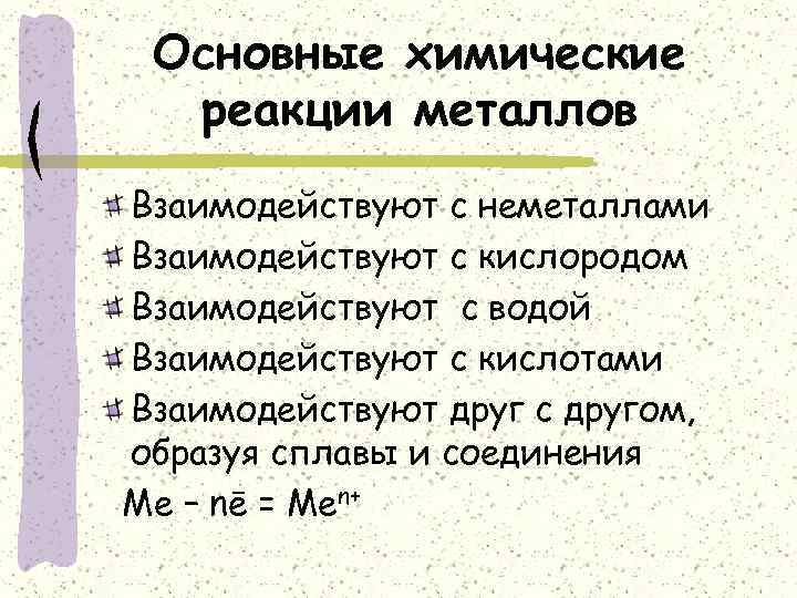 Основные химические реакции металлов Взаимодействуют с неметаллами Взаимодействуют с кислородом Взаимодействуют с водой Взаимодействуют