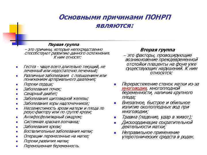 Основными причинами ПОНРП являются: Первая группа – это причины, которые непосредственно способствуют развитию данного
