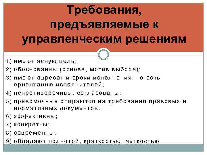 Требования, предъявляемые к управленческим решениям 1) имеют ясную цель; 2) обоснованны (основа, мотив выбора);