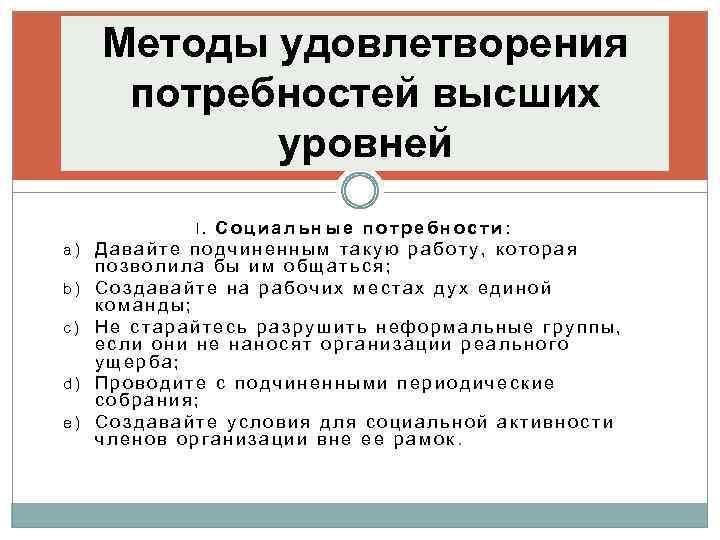 Методы удовлетворения потребностей высших уровней Социальные потребности: Давайте подчиненным такую работу, которая позволила бы