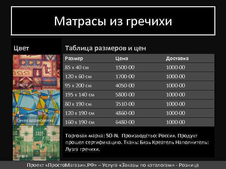 Матрасы из гречихи Цвет Таблица размеров и цен Размер 1500 -00 1000 -00 120