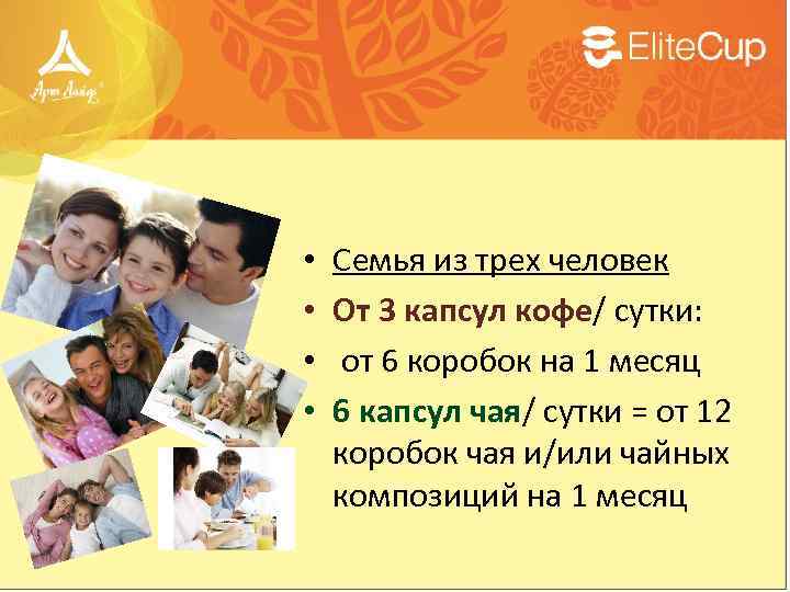  • • Семья из трех человек От 3 капсул кофе/ сутки: от 6