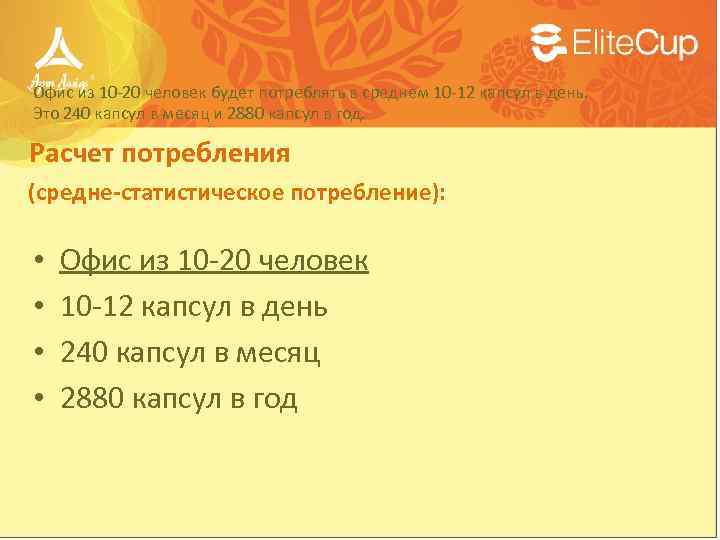 Офис из 10 -20 человек будет потреблять в среднем 10 -12 капсул в день.